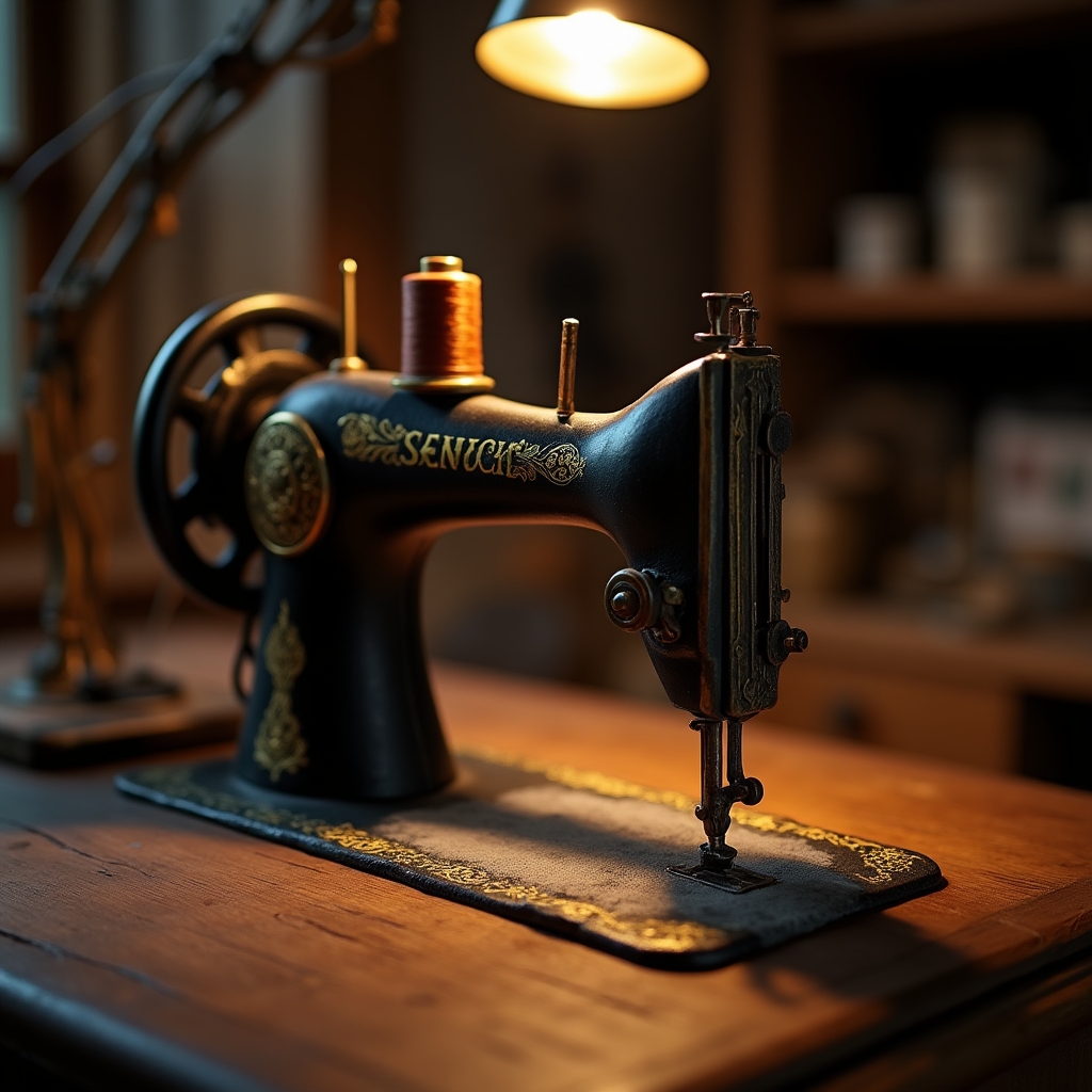 Macchina da cucire vintage su un tavolo di legno in un laboratorio di sartoria