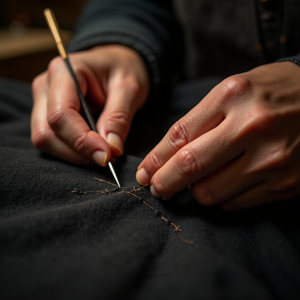 Mani di una sarta che cuciono a mano un dettaglio di tessuto su un tavolo da lavoro