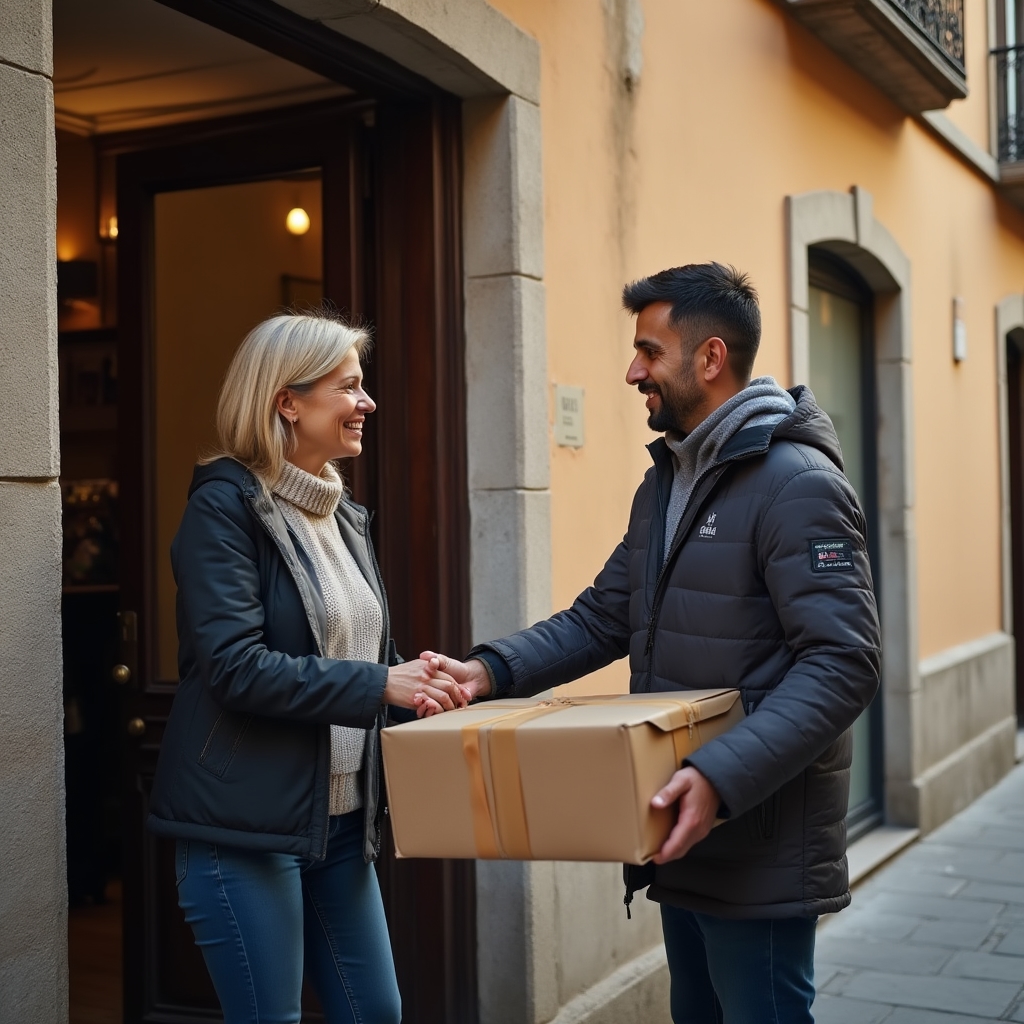 Corriere che consegna un pacco di abiti davanti a un portone a Torino